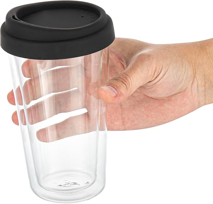 Restaurantware Glass Travel Mug 1 Count 14 Ounce Double Wall Borosilicate Reusable Coffee Cup, Spill-Resistant Black Silicone Lid, Clear Drinkware Mug for Hot and Cold Beverages