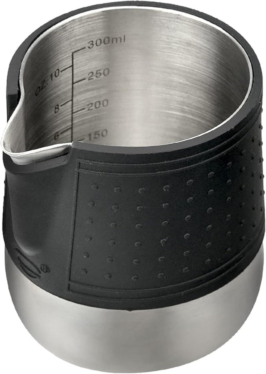 HOMEE Milk Frothing Pitcher, 12oz Stainless Steel Milk Steamer Jug With Rounded Spout, Espresso Milk Pitcher With Heat Resistant Silicone Grip Pads, Expresso Machine, Latte Art, Silver
