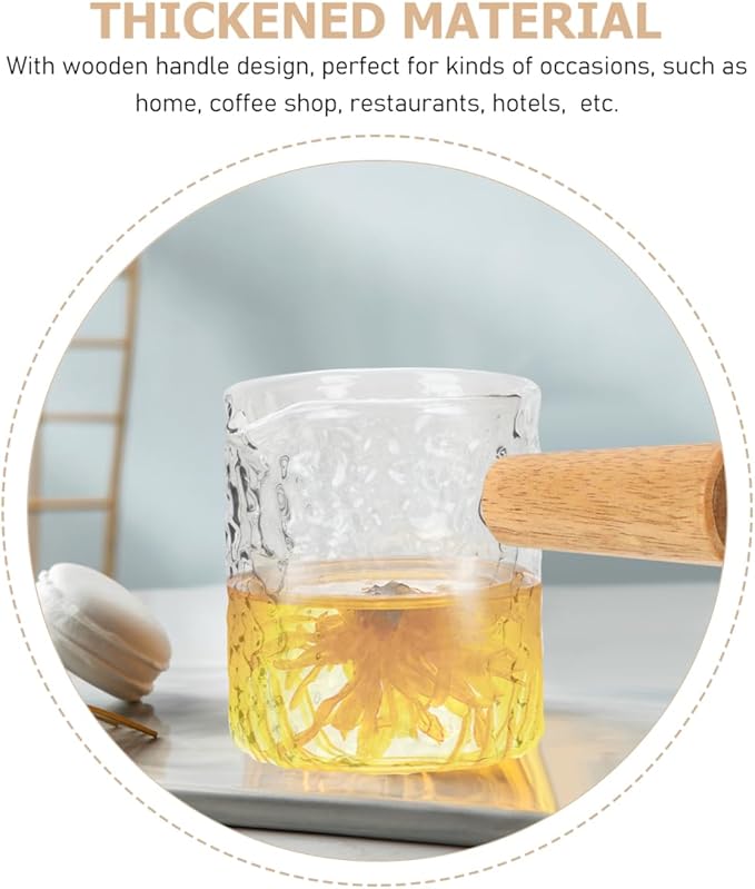 Hammered Glass Espresso Shot Cup with Wood Handle - 100ml / 3.4oz Small Milk Creamer Pitcher with Spout - Heat Resistant Borosilicate Glass Measuring Cup for Coffee, Latte, Syrup, Sauces