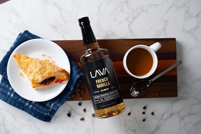 LAVA Premium French Vanilla Syrup, Natural Vanilla Coffee Sweetener, 33.8oz (1-Liter), Made with 100% Sugar, No Artificial Sweeteners, Flavors, or Colors. (1-Pack)