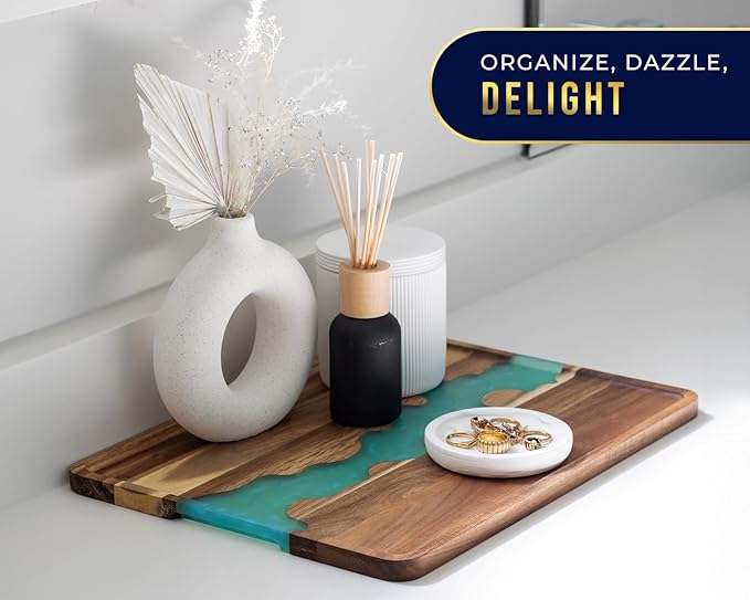 Comfify Visually Stunning Celeste Blue Resin + Acacia Wood Serving Tray - Modern 12x16 Serving Tray for Food, Breakfast in Bed, Coffee Table, Decor
