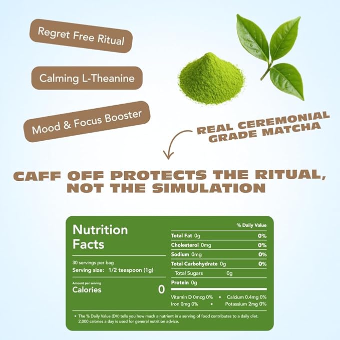 Caff Off Decaf Chocolate Matcha Green Tea Powder From Japan – 1.06 oz / 30 g – Ceremonial Grade & Sugar-Free – No Fillers or Milk Powders – Naturally Decaffeinated Without Chemicals – Tested for Heavy Metals – First Harvest, Shade-Grown & Caffeine-Free...