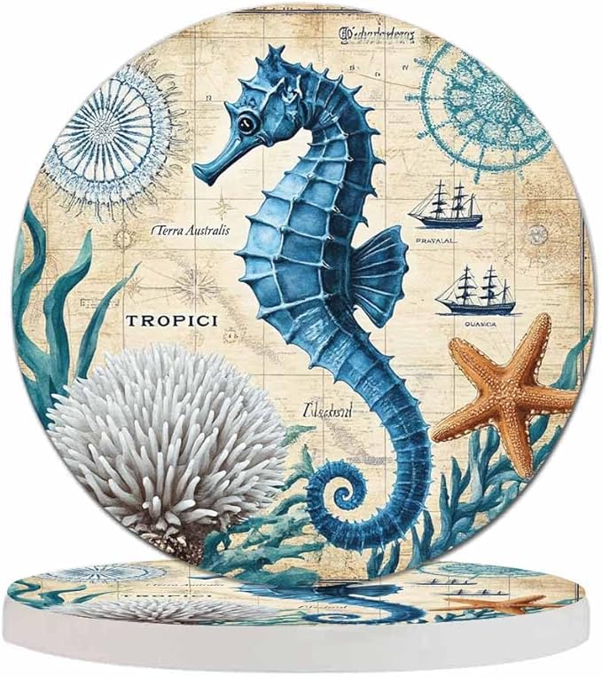 Blue Seahorse Anti Slip Coasters Ocean Wildlife Sea Animals Adventure Aquatic Rose Nautical Map Cups Place Mats for Table Home Decor 4 Inches Living Room Kitchen Coffee Table,2 Pcs