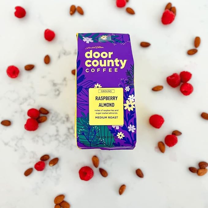 Door County Coffee Raspberry Almond, Flavored Coffee Ground - 8 oz Bag - Spring-Summer Seasonal - Medium Roast - 100% Specialty Arabica - Raspberry, Sugar Coated Almonds Flavored