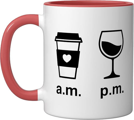 Coffee AM Wine PM - Funny Minimalist Coffee Wine Lover Ceramic Mug, Red/White