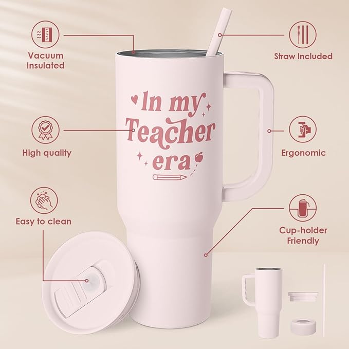 Teacher Gift – Stainless Steel Insulated Tumbler with Handle - Cool Teacher Club Travel Coffee Mug Cup for Women Back to School Birthday Christmas Teacher's Appreciation, 40oz