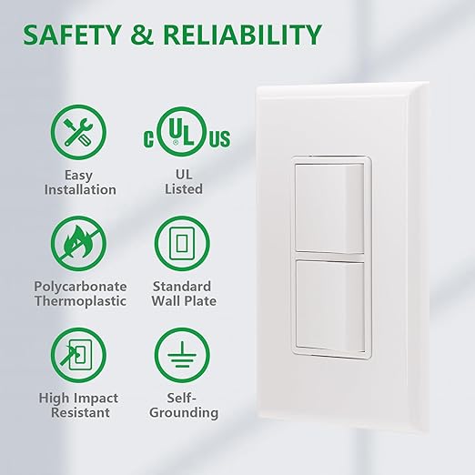Wengart Rocker Combination Decorator Switch, 15A 120V, Dual 2-in-1 Space-Saving Light Switch with Screwless Wall Plate, Single Pole, UL Listed, White