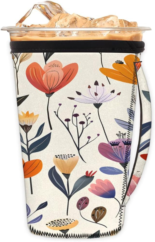 Reusable Iced Coffee Cup Sleeve Flowers Summer Neoprene Insulated Sleeves Cup Holder with handle Idea for 24oz - 28oz
