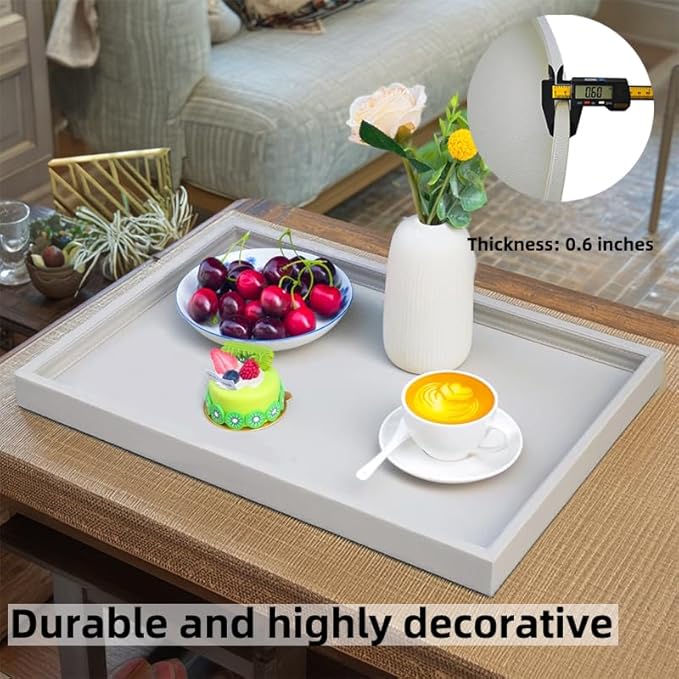 20x14 Inch Rectangular Ottoman Tray | Textured PU Leather, Waterproof & Heat-Resistant Storage for Coffee/Dining Tables, Sofa, Bed, Entertainment & Party (Tranquil Beige, 20 * 14in)