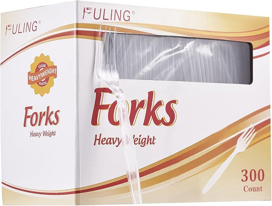 FULING Plastic Forks [300 Pack] Heavyweight Disposable Forks Plastic Clear Forks Heavy Duty Forks [Every 100 Packs, a Total of 3 Packs]