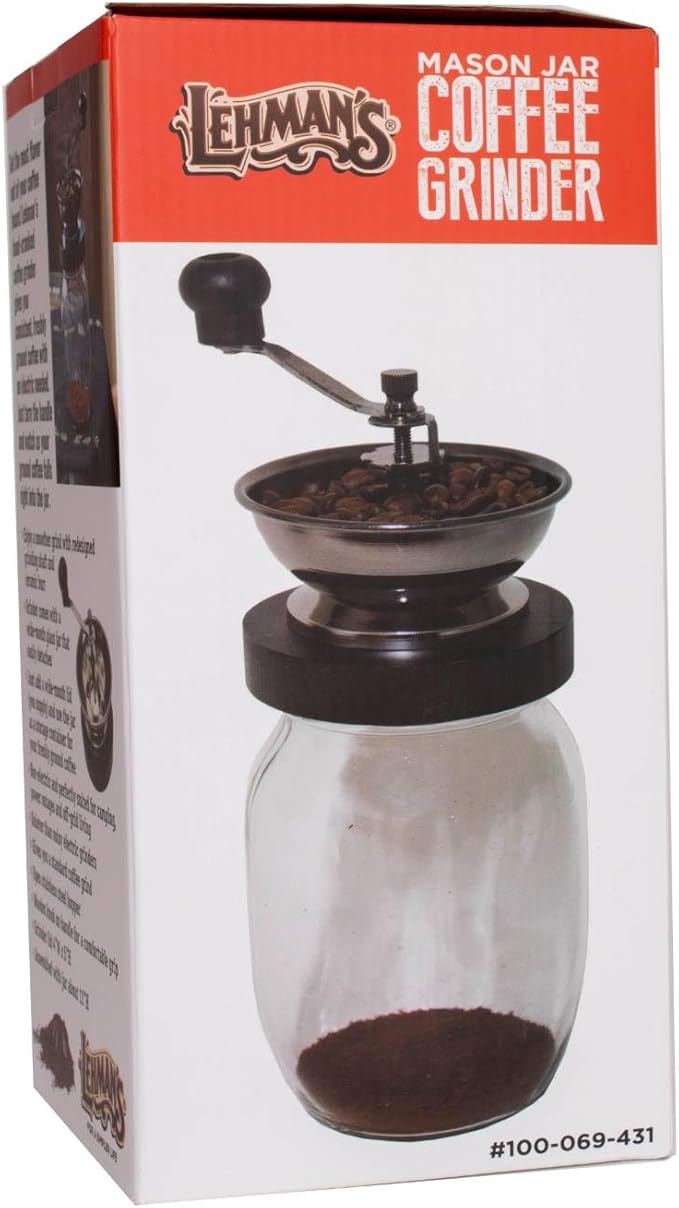 Lehman's Manual Coffee Grinder with Mason Jar Grounds Storage, Comfortable Grip Quiet Smooth Non-Electric Hand Crank, Standard Grind