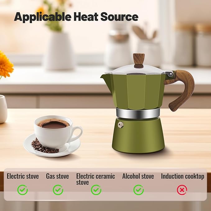 Vaolvpant 6 Cup Aluminum Moka Pot Classic Stovetop Espresso Coffee Maker 300ml 10oz Coffeemaker Percolator Mocha Pot Greca Coffee Maker Cafe Makers for Italian and Cuban Café Brewing Green