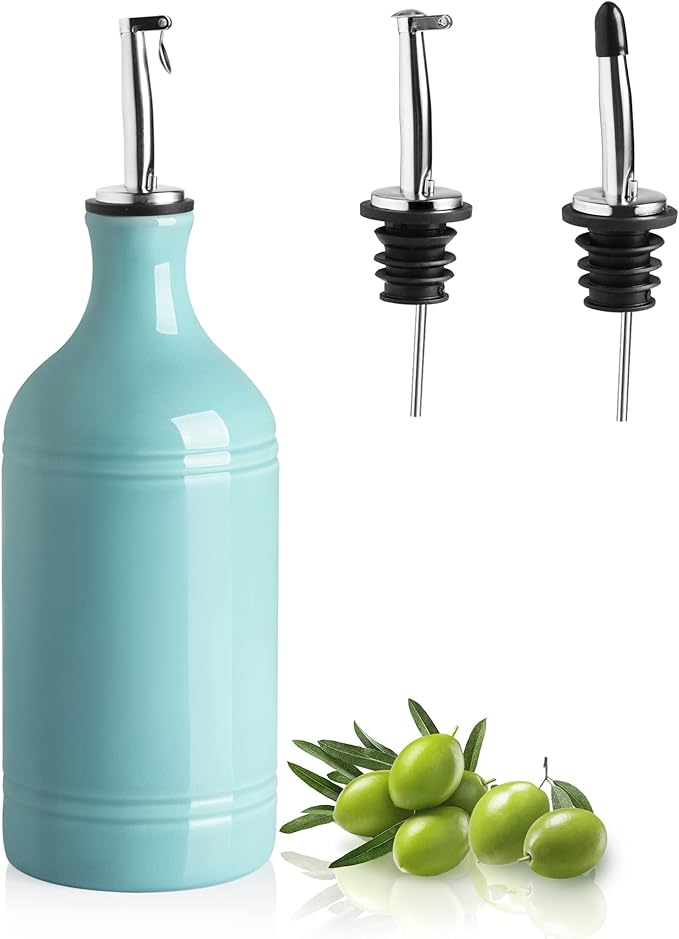 Sweejar Ceramic Olive Oil Dispenser Bottle, Opaque Oil Cruet Protects to Reduce Oxidation, Suitable for Storage Vinegar, Coffee Syrups & Other Liquids, Pack of 1, 15.5 Fl Oz(Turquoise)