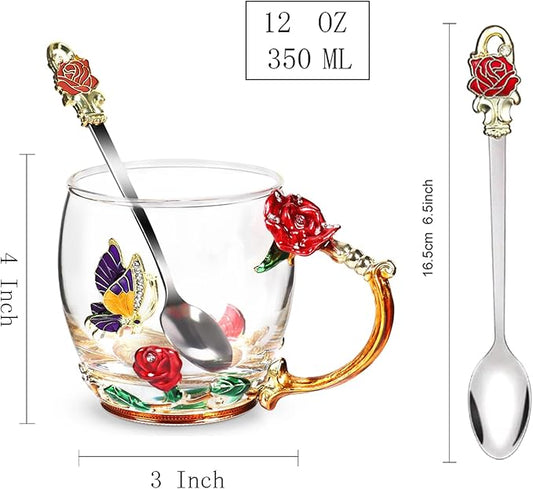 Flower Tea Cup ,Butterfly Rose Clear Glass Fancy Coffee Mug with Spoon,Gift Box for Her Mom Wife Grandma Girls Friends Valentines Christmas Birthday Present Idea for Juice,Hot And Cold Drinks Use