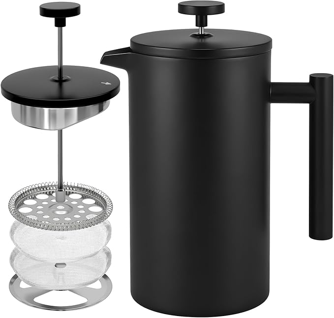 CAOANTRY French Press Coffee Maker, 304 Grade Stainless Steel French Press with 2 Extra Filters for Home, Office, Travel, Camping - 34OZ/2 Litre (Black)