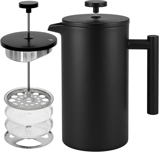 CAOANTRY French Press Coffee Maker, 304 Grade Stainless Steel French Press with 2 Extra Filters for Home, Office, Travel, Camping - 34OZ/2 Litre (Black)
