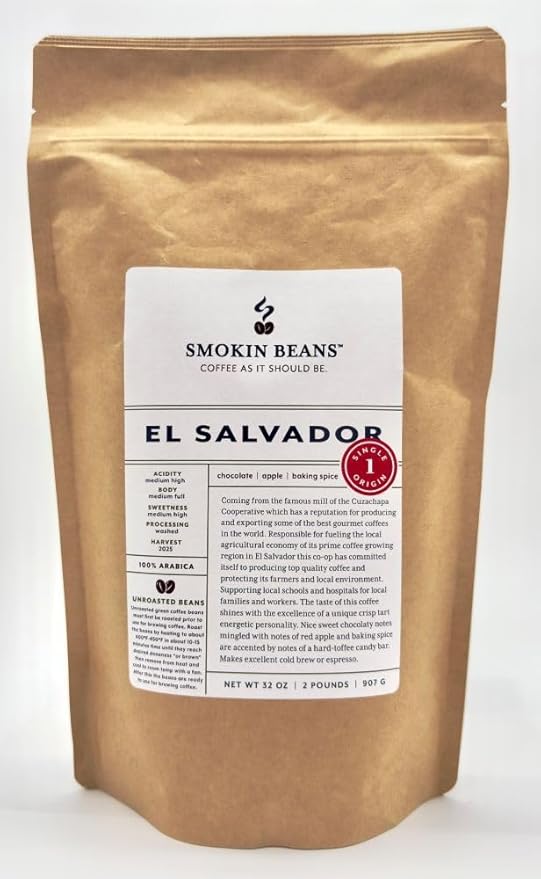 2-Pound El Salvador, Unroasted Green Arabica Coffee Beans, Fresh Current Crop Specialty Grade, Roast the Beans Yourself at Home on Your Roasting Equipment Prior to Using for Brewing Coffee