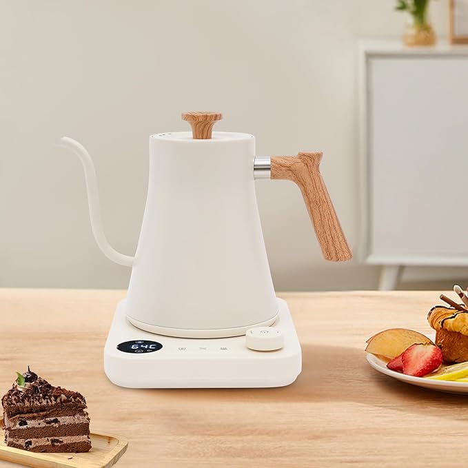 Electric Gooseneck Kettle, 1200W Quick Heating with LED Display, Stainless Steel Inner, Adjustable Temperature, 24H Insulation, Auto Shut Off, for Pour Over Coffee, Tea, French Press (White)