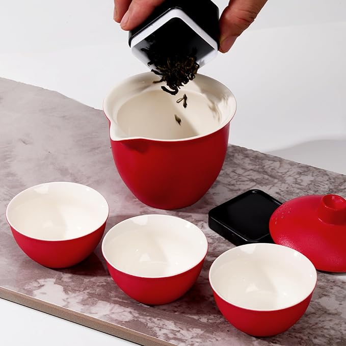Porcelain Chinese Gongfu Tea Sets for Adults Ceramic japanese Tea Set Portable Kungfu Gaiwan Teapot and Cup Set Small Travel Teaset with Lid for Home Gifting Outdoor and Office (Red)
