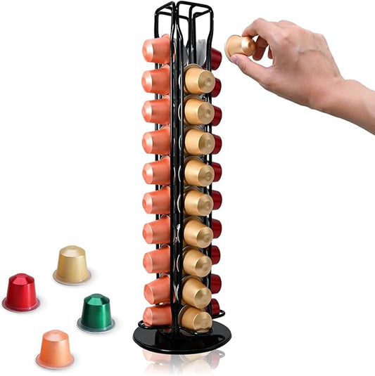 Coffee Pod Holder – 360° Silent Rotating for Nespresso OriginalLine Carousel, Holds 40 Capsules, Space-Saving Espresso Organizer for Kitchen & Office (Black)