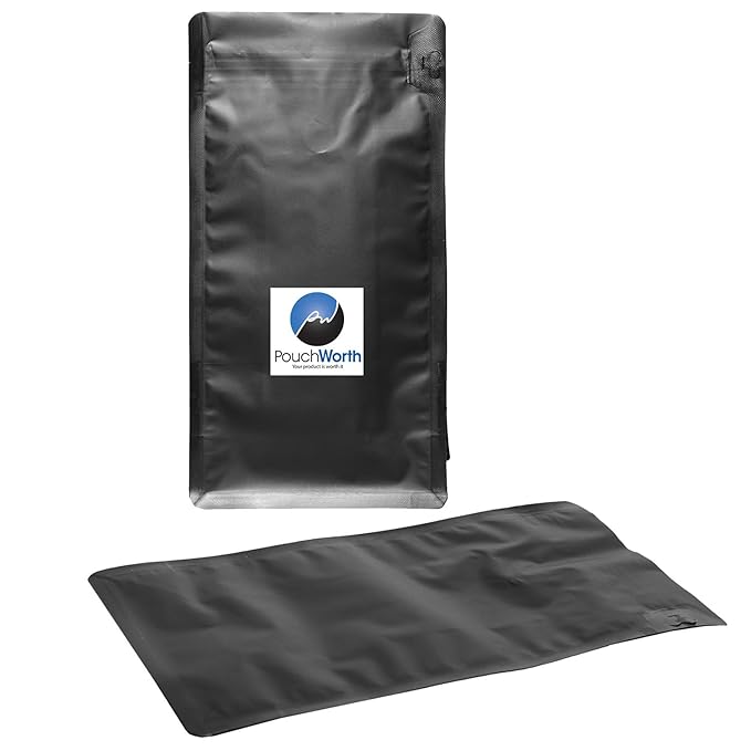 PouchWorth 50 Pack 12 oz Coffee Bags with Valve Black Flat Bottom Coffee Beans Packaging Pull Tab Zipper Resealable Bags