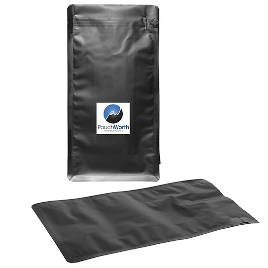 PouchWorth 50 Pack 16 oz Coffee Bags with Valve Black Flat Bottom Coffee Beans Packaging Pull Tab Zipper Resealable Bags