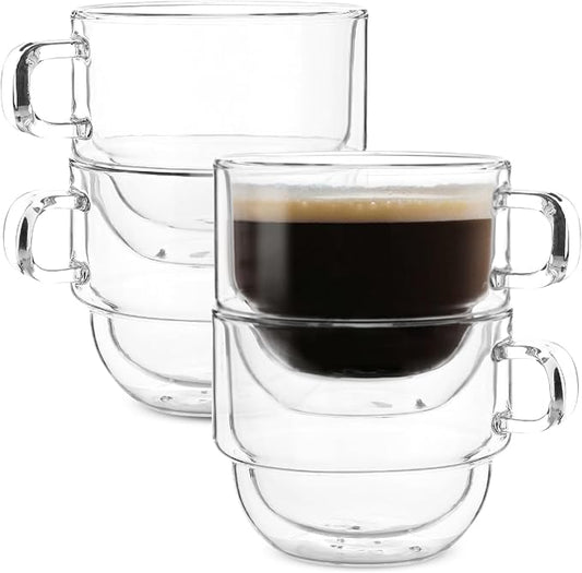 BTaT- Double Walled Stackable Glass Coffee Mugs, 12 oz, Set of 4, Glass Coffee Cups with Handle, Insulated Clear Coffee Mug for Hot and Cold Beverages, Cappuccino, Latte, Tea, Americano