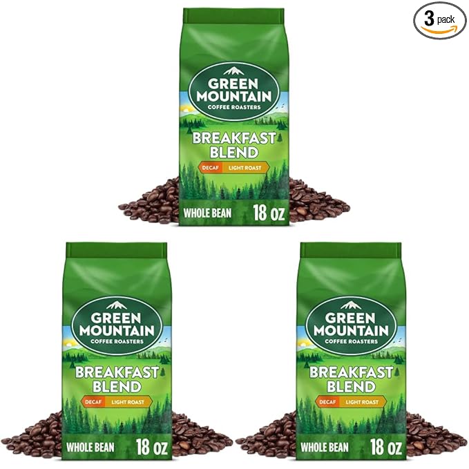 Green Mountain Coffee Roasters Breakfast Blend Decaf, Whole Bean Coffee, Light Roast, Bagged 18 oz (Pack of 3)
