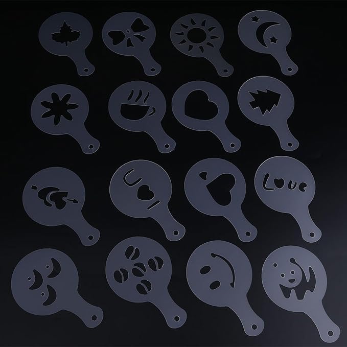 Plastic Coffee Stencils with 16 Cute Patterns for Coffee Art - No and Odorless