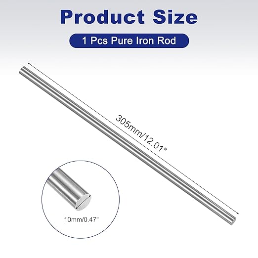 PATIKIL Pure Iron Bar, 0.39" Diameter 12.01" Length Iron String Rod Steel Stick DIY Craft Supplies for Crafting Science Lab Testing