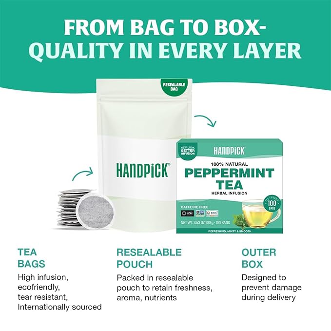 HANDPICK, Peppermint Tea, Eco-Conscious Tea Bags - 100 Count | Caffeine Free, Non-GMO | Minty, Fresh & Cool flavor | Direct From Source