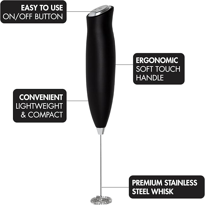 Primula Handheld Electric Milk Frother, Powerful Motored Whisk, Portable Battery-Powered Mini Drink Mixer for Latte, Cappuccino, Matcha & More, Black