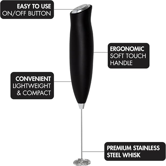 Primula Handheld Electric Milk Frother, Powerful Motored Whisk, Portable Battery-Powered Mini Drink Mixer for Latte, Cappuccino, Matcha & More, Black