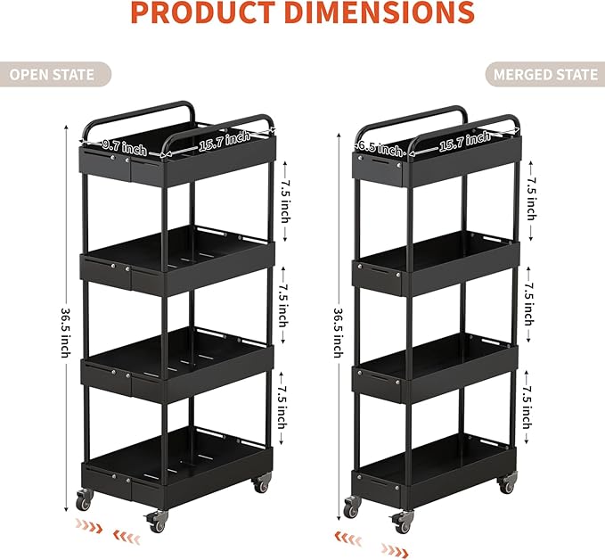 HOTEAGLE 4-Tier Rolling Cart Metal Expandable Utility Carts with Wheels, Ideal Storage Organizer for Livingroom, Bedroom, Kitchen and Bathroom, Black