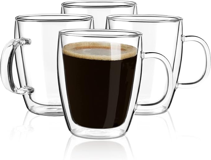 YUNCANG Double Wall Coffee Mugs, (4-Pcak) 16 Ounces-Clear Glass with Handle,lnsulated,Cappuccino,Tea,LatteCups,Beverage Glasses Heat Resistant