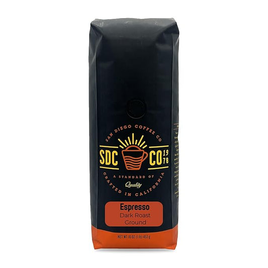 San Diego Coffee Espresso, Dark Roast, Ground Coffee, 16-Ounce Bag Café molido tostado