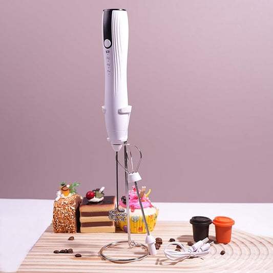 Milk Frother Handheld with Stand, Rechargeable Coffee Frother Wand with 2 Stainless Whisks 3 Speeds, Drink Mixer, Electric Foam Maker, Hand Mixer for Lattes, Cappuccino, Matcha, Egg, White