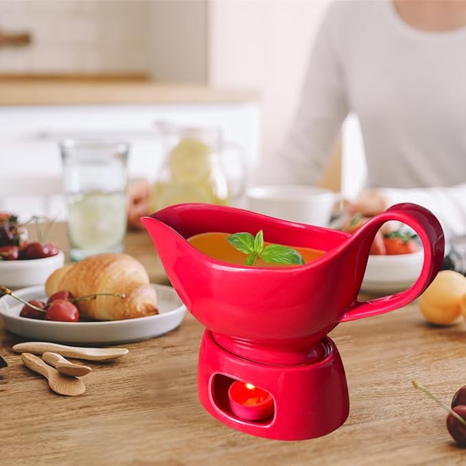 Porcelain gravy sauce boat with candle holder, 20 ounces, Used for turkey salad dressing, cream milk broth - Thanksgiving and Christmas dishes - Red