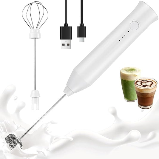 Milk Frother Handheld Rechargeable, Frother Wand Drink Mixer Electric Whisk for Coffee, Detachable With 2 Stainless Whisks, Hand Mixer for Lattes, Matcha, Egg(White)