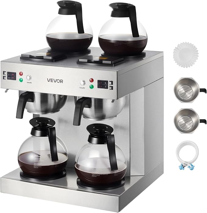 VEVOR Commercial Drip Coffee Maker, 24 Cups Coffee-Maker Machine with 4 Glass Carafes and 4 Decanter Warmer Plates, Stainless Steel Dual-Head Coffee Brewer, for Restaurant, Office, Coffee Shop & Home