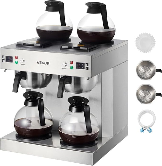 VEVOR Commercial Drip Coffee Maker, 24 Cups Coffee-Maker Machine with 4 Glass Carafes and 4 Decanter Warmer Plates, Stainless Steel Dual-Head Coffee Brewer, for Restaurant, Office, Coffee Shop & Home