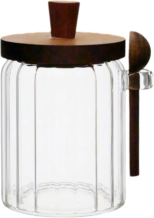 Sugar Bowl with Lid and Spoon,20 oz Sugar Container for Coffee Bar, Glass Coffee Canister, Airtight Food Storage Jar, Brown Sugar Container, Cereal Tea Salts Spice Jar（Stripe）
