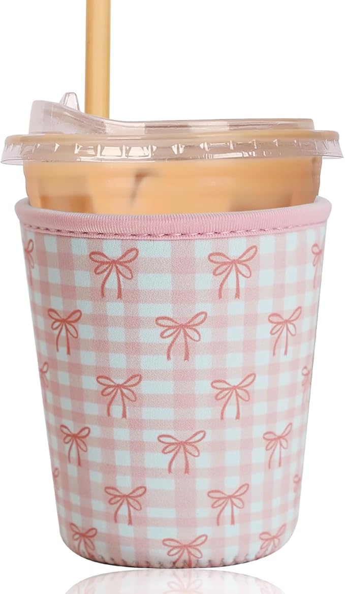 Reusable Insulated Sleeve for Iced Coffee Cup, Coffee Neoprene Sleeve for Cold & Hot Drinks, Beverage Holder for Iced Coffee (Lovely Bows, Small: 16-18oz)