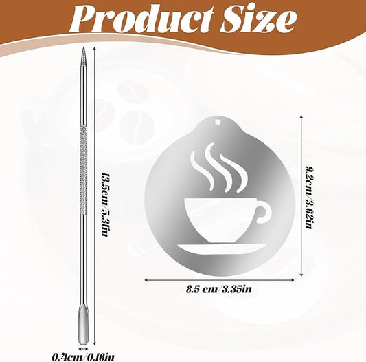 5 Pcs Latte Art Stencils,Coffee Stencils with Latte Art Pen,Lattes Stencilss with Various Patterns for Cappuccino, Hot Chocolate & Cake Decorating,Home or Cafe Use(Silver,4.53IN)