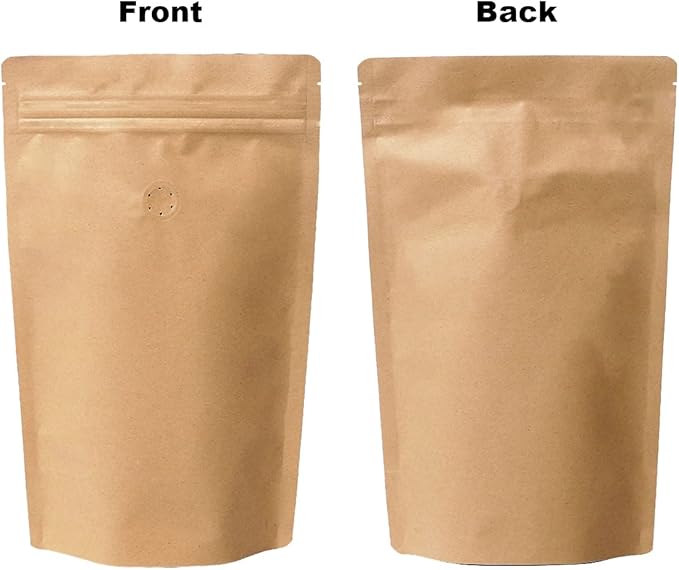 12 Ounce 50 Pieces Coffee Bags with Ziplock - High Barrier Natural Kraft Paper Stand up Coffee Pouches with Air Release/One Way Degassing Valve & Reusable Zipper (50, 12oz/0.75lb/340gm)