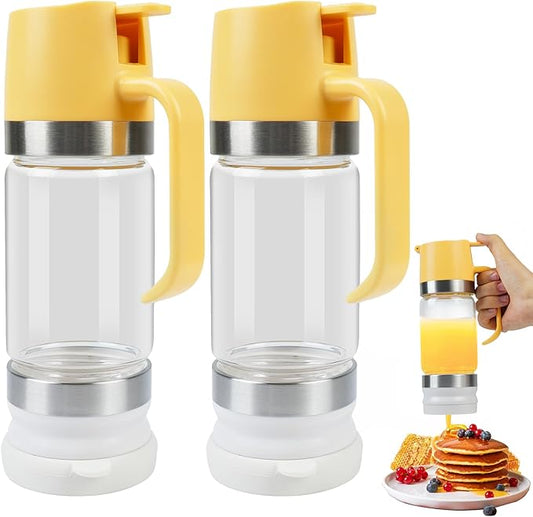 Ecopandy Honey Dispenser No Drip with Stand, 12 OZ Glass Honey Jar, Syrup Dispenser, Easy One Hand Use Honey Pot for Coffee or Tea, Mess Free Honey Dispenser for Syrup, Honey Container (2PCS Yellow)