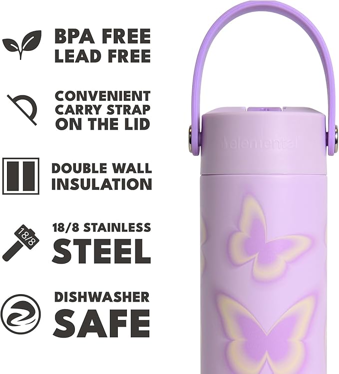 Elemental 24oz Insulated Water Bottle with Straw - 100% Leak-Proof Stainless Steel Core Water Bottles for Travel, Sports and Gym - Double Wall Insulation & BPA Free - Butterfly Kiss