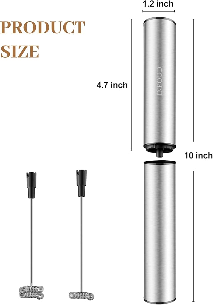 INFOOD Milk Frother Rechargeable with Cover - Coffee Frother Wand, Drink Mixer Handheld with 2 Detachable Stainless Whisks 2 Speed Adjustable for Latte, Cappuccino, Hot Chocolate, Egg, Silver