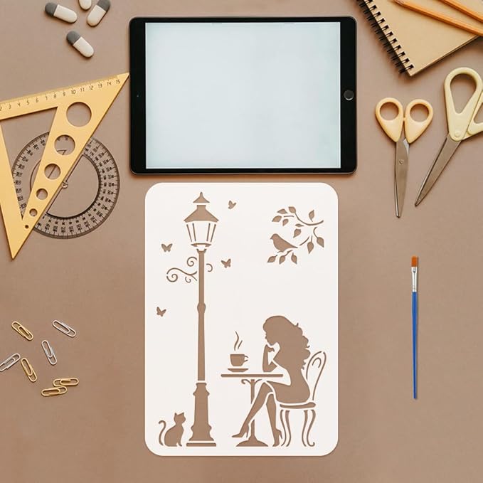 FINGERINSPIRE 4PCS Street Stencils 8.3x11.7 Inch with a Brush Street Lamps Coffee Pattern Stencils A4 Reusable City View Drawing Templates for DIY Painting on Wood Wall Canva Furniture Decoration