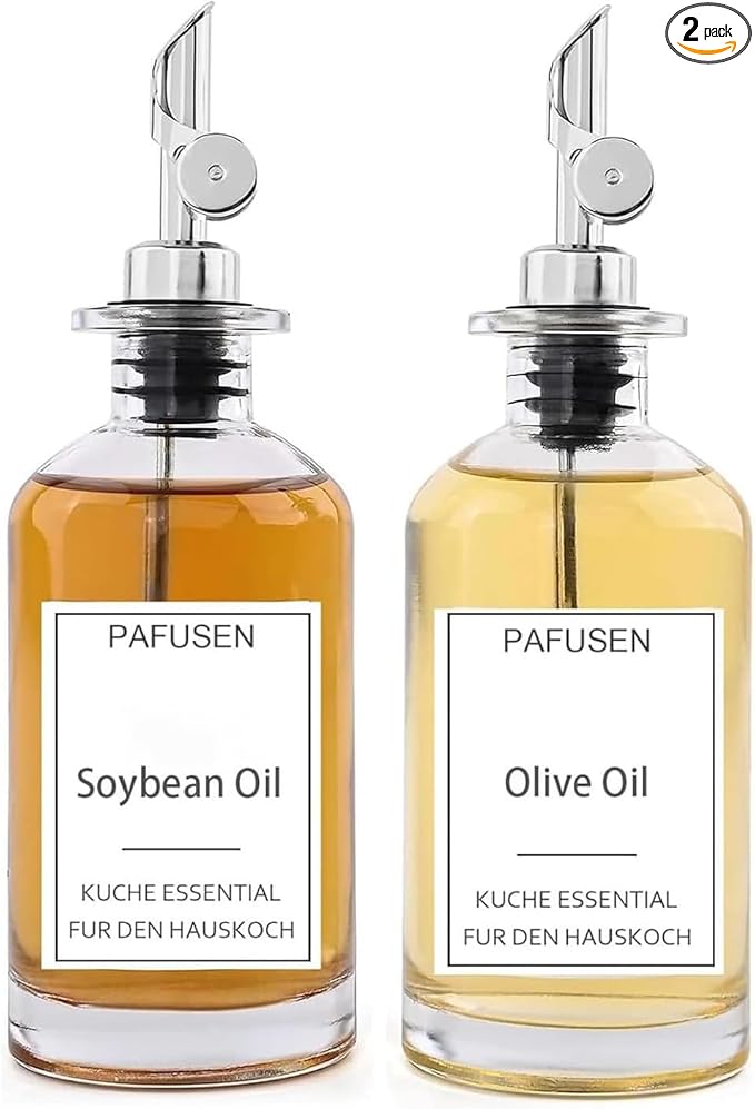 Pafusen 2 Pack Olive Oil Dispenser Bottle, 12 oz Oil Bottles for Kitchen, Glass Oil Coffee Syrup Dispenser, Simple Syrup Bottles with 2 Auto Flip Olive Oil Pourers, Silver